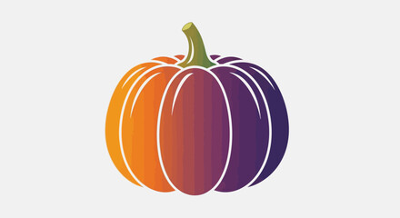Gradient pumpkin illustration with orange, purple, and green stem on a light gray background.