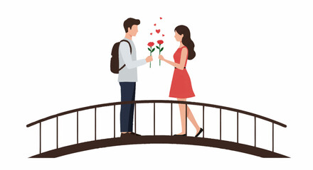 A young man with a backpack gives red roses to a woman in a red dress on a romantic arched bridge.