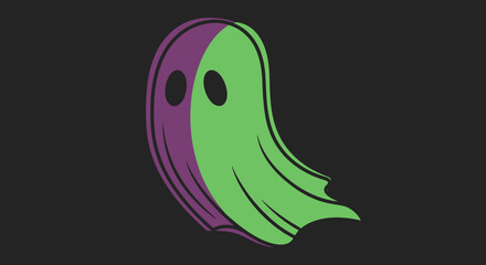 Cartoon ghost with half of its body in green and the other half in purple against a dark background.