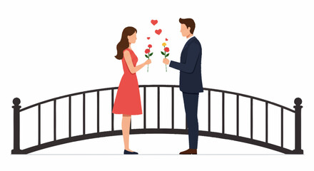 A romantic couple stands on an arched bridge, exchanging roses with floating hearts symbolizing their love.