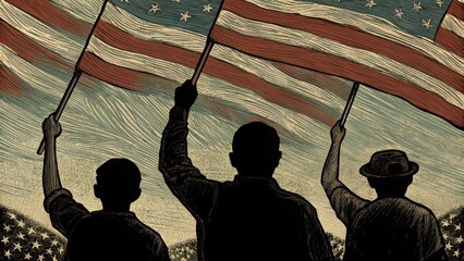 Patriotic crowd waving American flags in silhouette