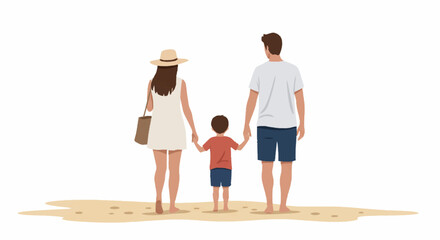 A young family with a small child standing on the sand, holding hands and looking out together.