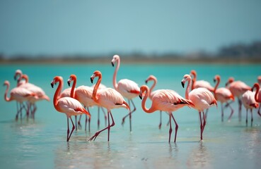 Fototapeta premium Flock of pink flamingos wading in shallow turquoise water. Exotic birds stand in the lagoon. Wild animals in natural habitat. Beautiful landscape with flamingo family on vacation.