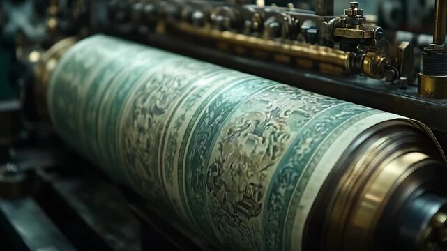 Close-up of a printing press roller with intricate patterns, highlighting the industrial process of creating detailed designs.
