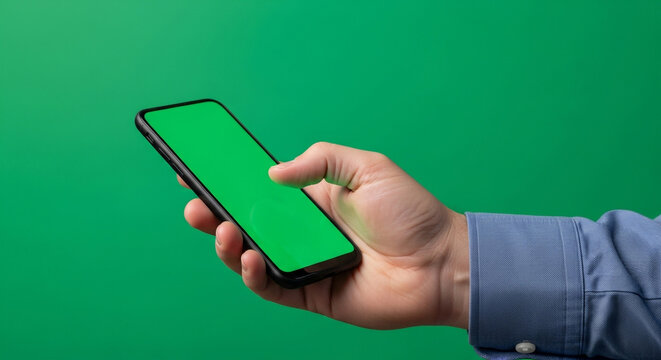 Professional hand holding modern smartphone with vibrant green screen ready for custom content creation and app demonstration