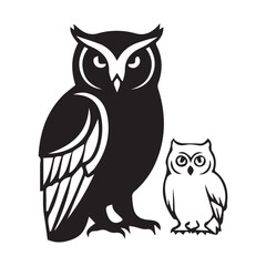 black and white silhouette outline owl art logo design.