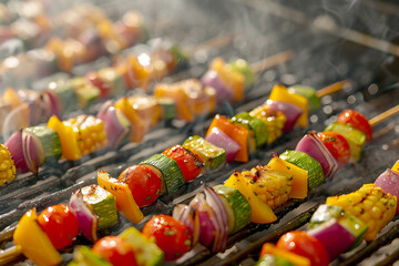 Fresh vegetables grilling on skewers over an open flame, creating a smoky, delicious aroma.