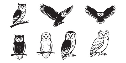 black and white silhouette outline owl art logo design set