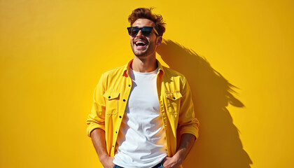 Young man with stylish hair, beard smiles broadly. Wears sunglasses, white t-shirt under yellow shirt. Man stands against bright yellow background with hands in pockets, exuding confidence, happiness.