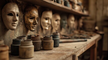 Handcrafted Masks and Antique Workshop Tools Display