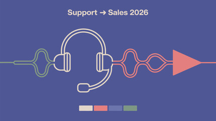 Illustration showing support transitioning to sales with headset and forward arrow design