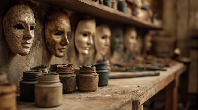 Handcrafted Masks and Antique Workshop Tools Display