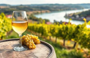Glass of white Riesling wine overlooking scenic Germany vineyard landscape. Harvest, local viticulture, luxury tasting experience concept.
