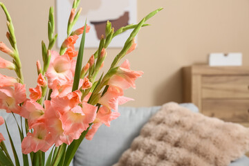Bouquet of beautiful gladiolus flowers in interior of living room, closeup