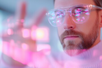 Designer interacting with floating holographic panels in bright modern studio