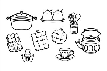 Kitchenware set. Kitchen utensils, tools, equipment and cutlery for cooking. Cook appliances and accessories collection. Doodle illustrations of cookware objects isolated on white background
