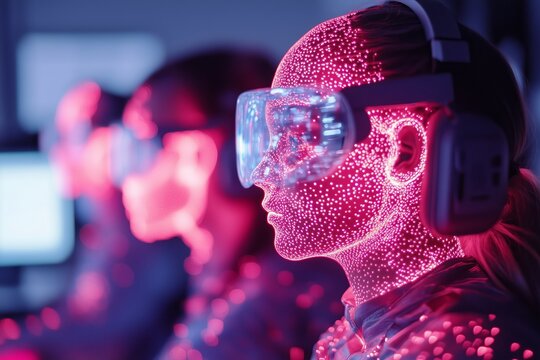 Diverse group of creators customizing virtual avatars in studio with glowing holographic displays