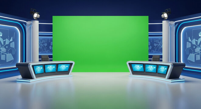 Modern virtual news studio with green screen and sleek desks ready for dynamic broadcast production and engaging content creation