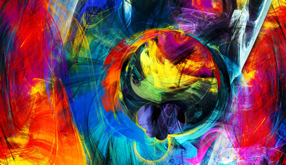 Abstract psychedelic painting with geometric forms. Modern futuristic colorful dynamic background. Artistic cover design with vibrant colors. Fractal artwork