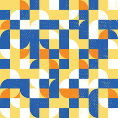 A playful yet sophisticated geometric pattern for the modern design lover. Crisp shapes and a speckled texture dance in a cheerful palette of blue, orange, and yellow. A fresh, clean look