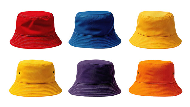 Six brightly colored, unisex bucket hats arranged in two rows, each with a visible brim