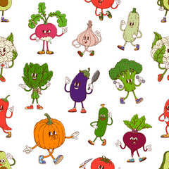 Fototapeta premium Groovy vegetable characters pattern of cartoon funny veggie with faces, vector seamless background. Groovy vegetable pattern of funky tomato with spinach, pumpkin, cauliflower and broccoli characters