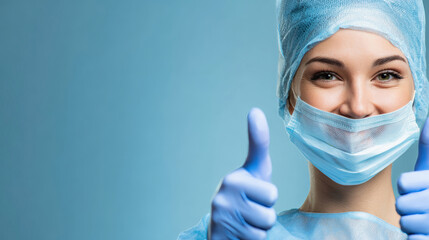 Smiling female doctor in scrubs thumbs up against a bright blue backdrop, promoting healthcare positivity