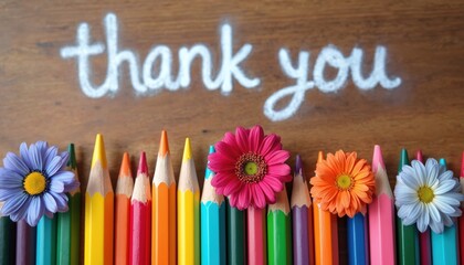 Colorful pencils and blooming flowers on wood with chalk writing thank you. Great for teacher appreciation, school events and gratitude messages. A bright, cheerful desk arrangement.