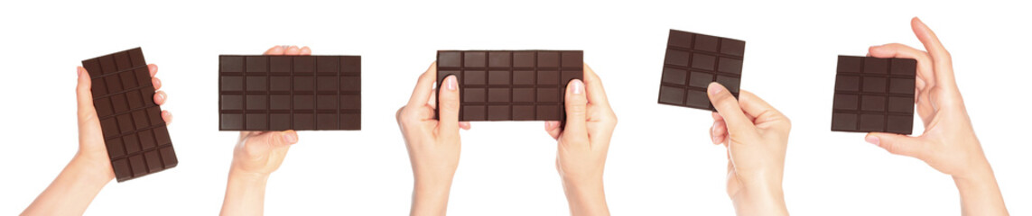 Set of human hands holding chocolate bar isolated on transparent background