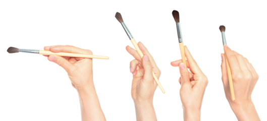Set of human hands holding paintbrush isolated on transparent background