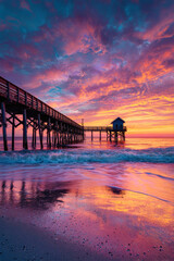Colorful sunset over the pier with a pavilion and crashing waves in vibrant beach hues