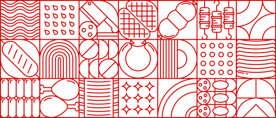 Abstract geometric meat pattern. Vector red line art tile background, culinary backdrop featuring assorted food elements like meat, sausages, bread and cooking utensils in a modern, linear grid layout © Buch&Bee