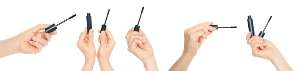 Set of human hands holding eyelash mascara and brush isolated on transparent background.