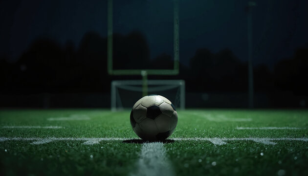 Classic soccer ball sits on grass field at night. Goal post stands in background. Dark sky above green pitch. Spotlight shines down. Game is over. Field for play in dark.