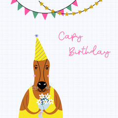 Happy Birthday greeting card, social media banner. Funny congratulating print with capybara character. Cute holiday animal. Hand drawn flat design vector illustration.