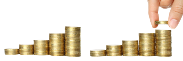 Set of human hands stacking coins isolated on transparent background.