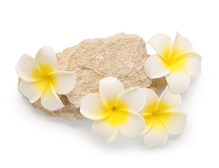 Stones with beautiful plumeria flowers on white background