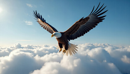 Obraz premium Bald eagle flies gracefully high above fluffy clouds under a clear blue sky. This majestic bird symbolizes freedom and power, soaring on vast wings with sharp talons.