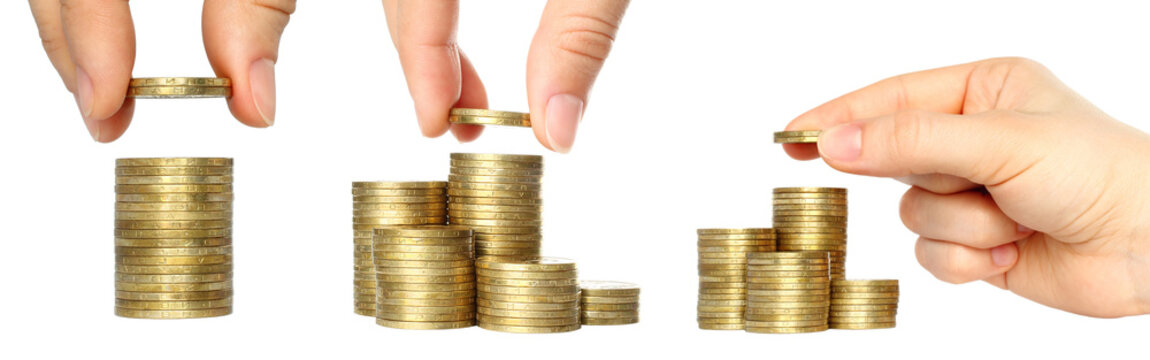 Set of human hands stacking coins isolated on transparent background.