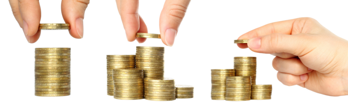 Set of human hands stacking coins isolated on transparent background.