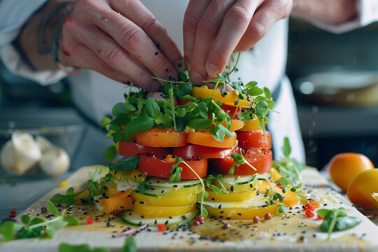 Chef meticulously garnishes a vibrant, layered vegetable tower with fresh herbs and spices.
