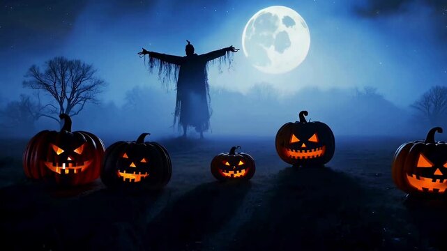 Scary Scarecrow and Glowing Pumpkins Under Blue Full Moon Night