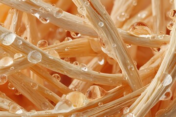 Bunch of straws with water droplets on them. The droplets are scattered all over the straws, creating a sense of movement and energy. Scene is lively and dynamic