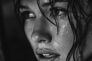 High-Contrast Portrait of Emotional Woman with Wet Hair
