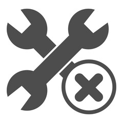 Crossed wrenches ban solid icon, repair concept. Vector graphics. Wrench with close button, forbidden item sign on white background, glyph style icon for mobile or web design.
