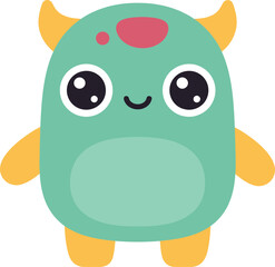 Cute Green Monster with Big Eyes and Yellow Horns