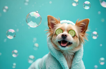 Happy dog wearing bathrobe with cucumbers on eyes. Fluffy canine enjoys spa day surrounded by soap bubbles. Relaxing pet in wellness center. Dog receives rejuvenating treatment.