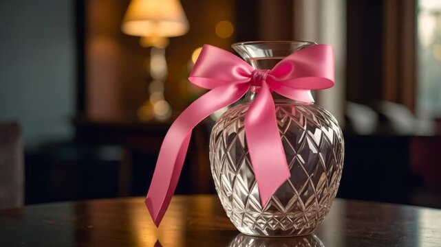 Elegant glass vase with pink bow isolated on wooden table