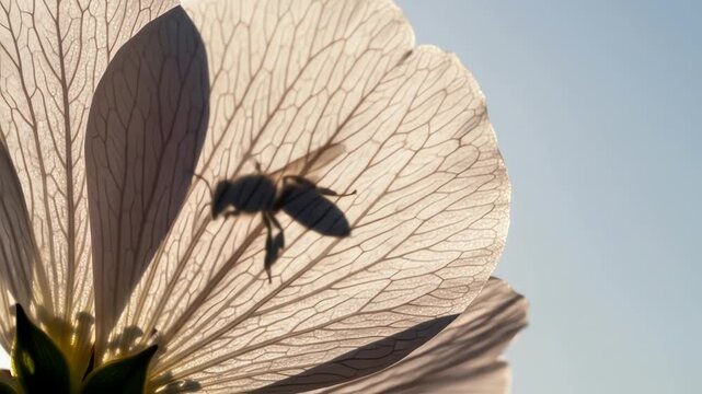 Silhouette of a bee on a translucent flower petal