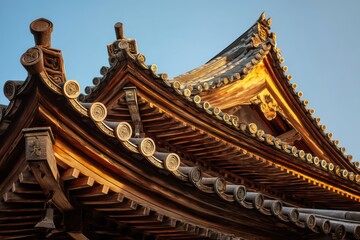 Fototapeta premium Close-up of Japanese Temple Roof under Golden Sunlight